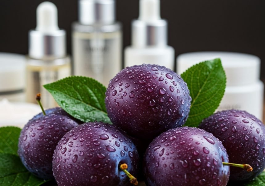 Frische, saftige Pflaumen mit Wassertropfen auf grünen Blättern.