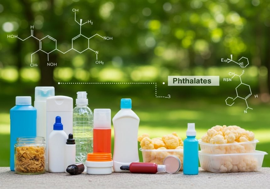 Verschiedene Alltagsprodukte, die Phthalate enthalten, auf einem Tisch.