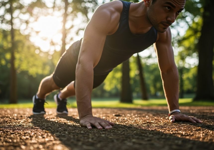 Ein Mann führt eine Plank-Übung im Freien durch, um Kraft und Balance zu trainieren.