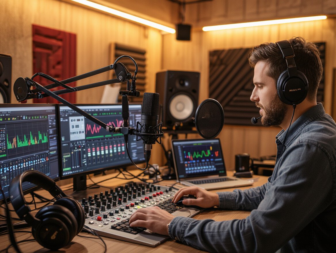 Ein Podcast-Produzent arbeitet an einem Mischpult mit zwei Monitoren.