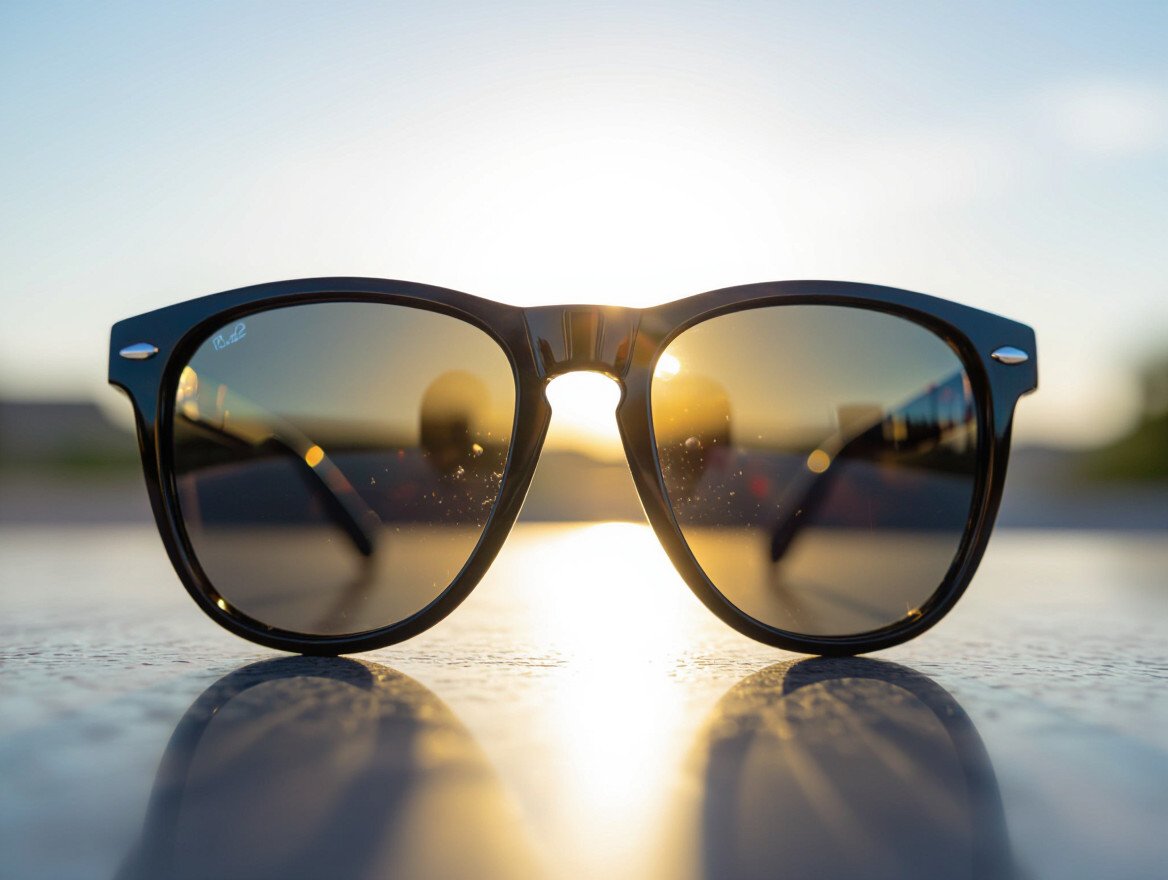 Eine polarisierte Sonnenbrille steht vor einem Sonnenuntergang auf einem Tisch.