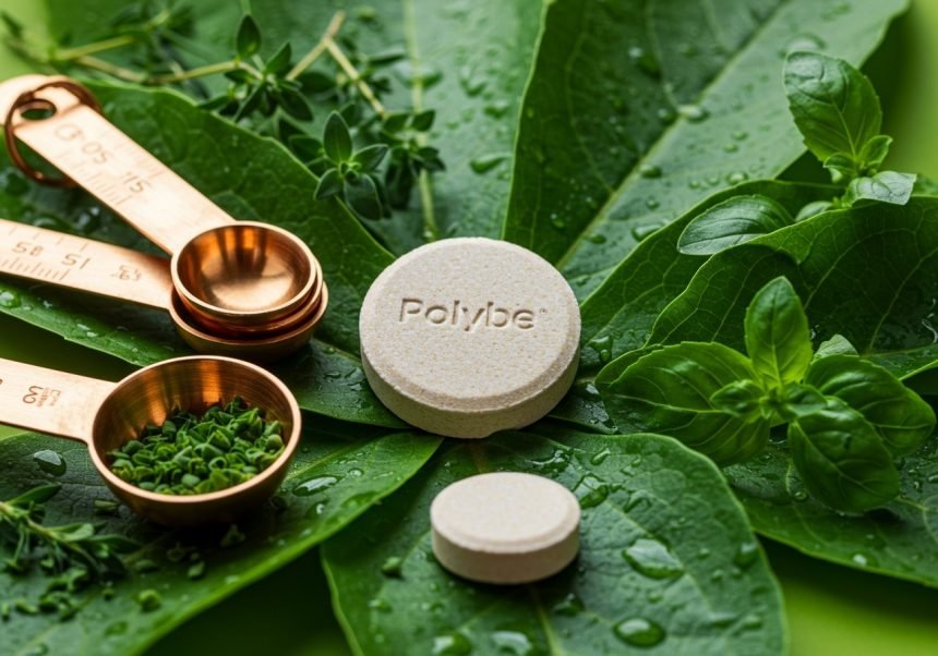 Zwei Polybe Tabletten liegen auf frischen grünen Blättern und Kräutern.