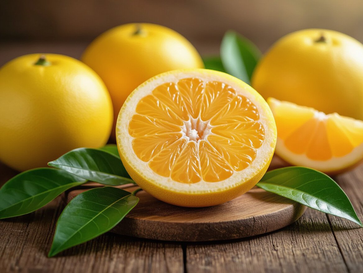 Eine halbierte Pomelo auf einem Holzbrett mit ganzen Früchten im Hintergrund.