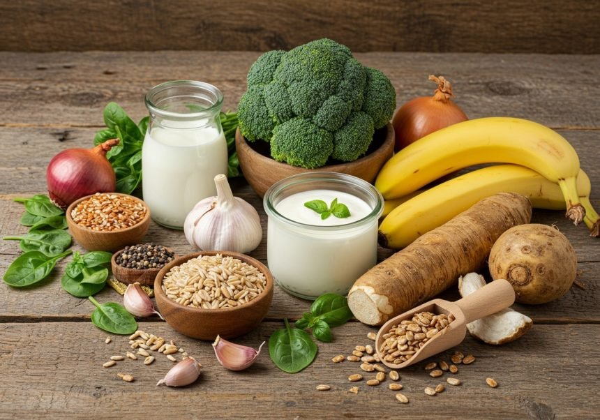 Eine Auswahl an präbiotischen Lebensmitteln wie Brokkoli, Bananen, Joghurt und Haferflocken auf einem Holztisch.