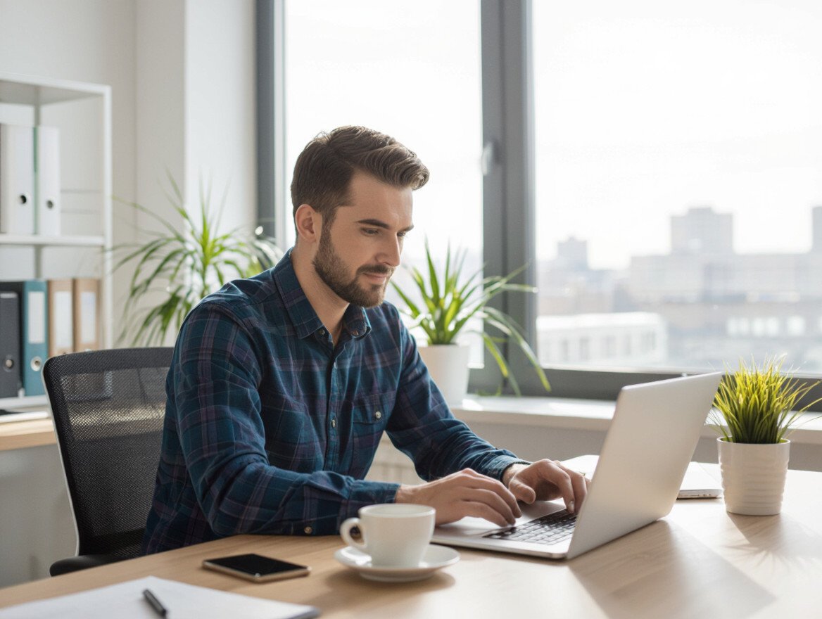 Ein Mann arbeitet konzentriert an seinem Laptop in einem modernen Büro.