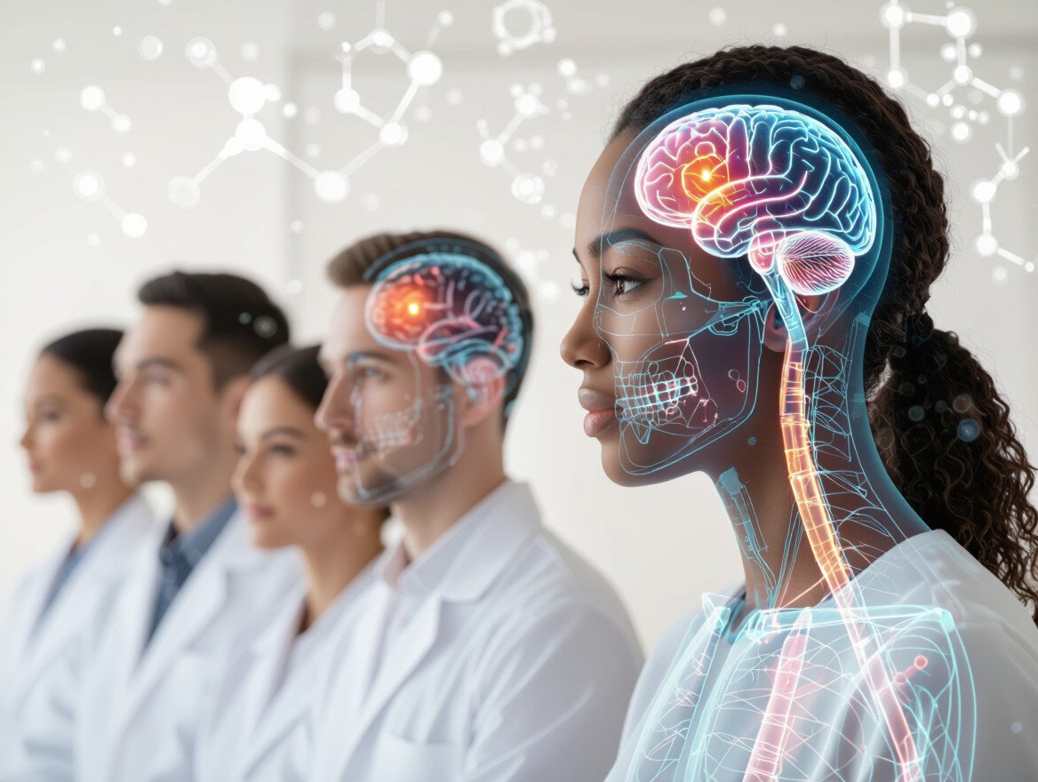 Eine Gruppe von Menschen mit hervorgehobenen Gehirn- und Körpersystemen, die die Rolle von Hormonen darstellen.