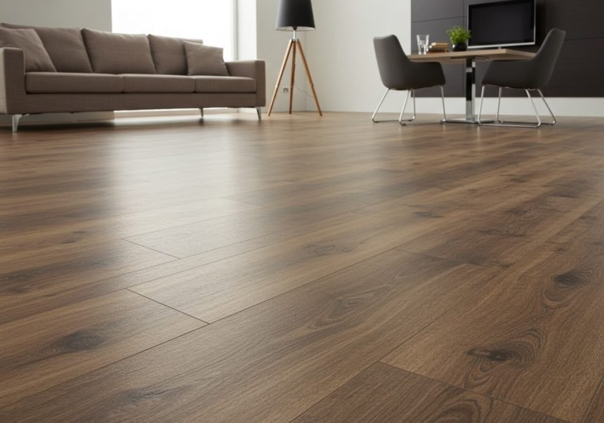 Ein moderner Raum mit PVC-Boden in Holzoptik, Sofa und Esstisch.