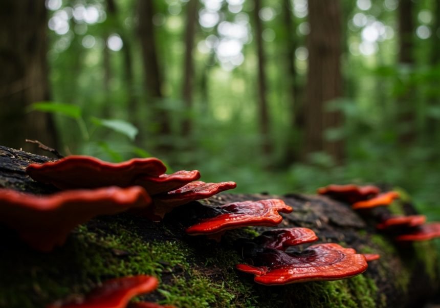 Rote Reishi-Pilze wachsen auf einem Baumstamm im Wald.