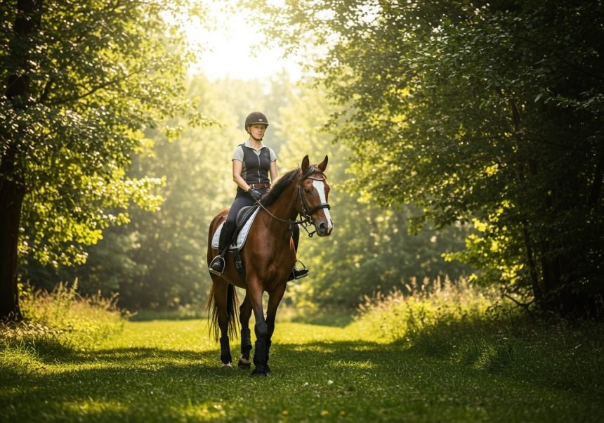 Eine Reiterin auf einem Pferd, umgeben von grünen Bäumen und Sonnenlicht.