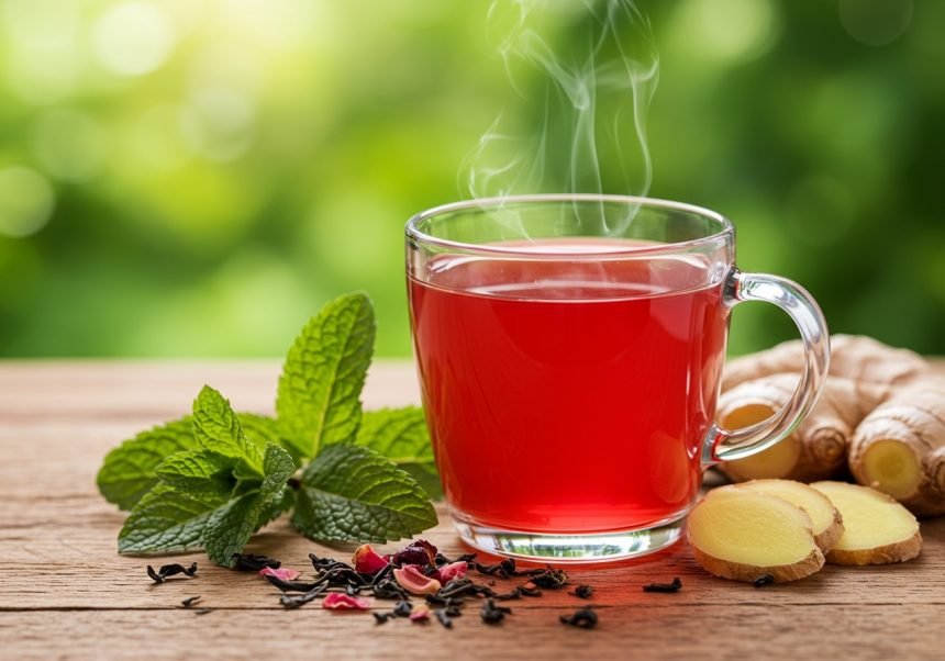 Eine dampfende Tasse roter Tee mit frischer Minze und Ingwer auf einem Holztisch.