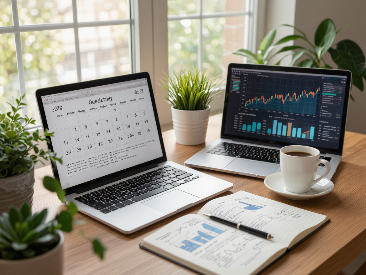 Zwei Laptops auf einem Tisch, einer zeigt einen Kalender, der andere Finanzdaten.