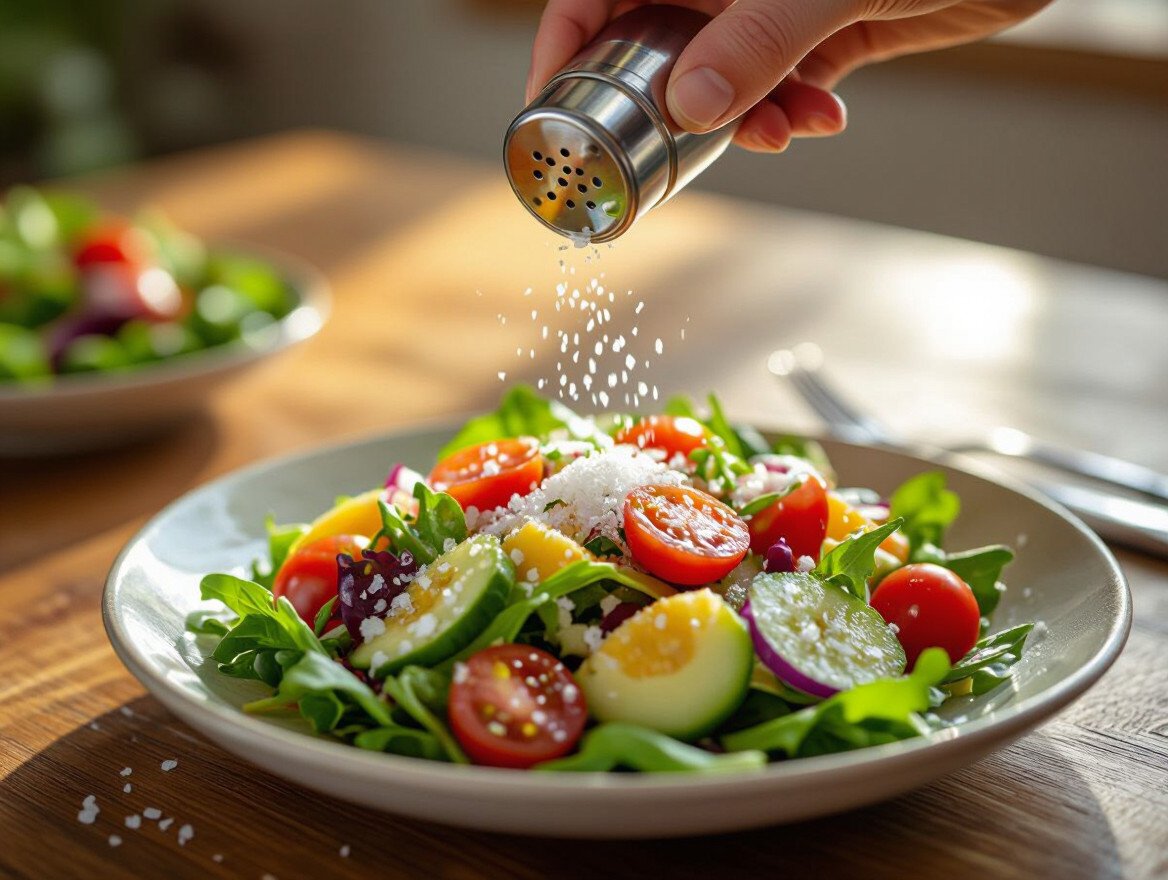 Eine Hand salzt einen bunten Salat mit Tomaten, Gurken und Blattsalat.