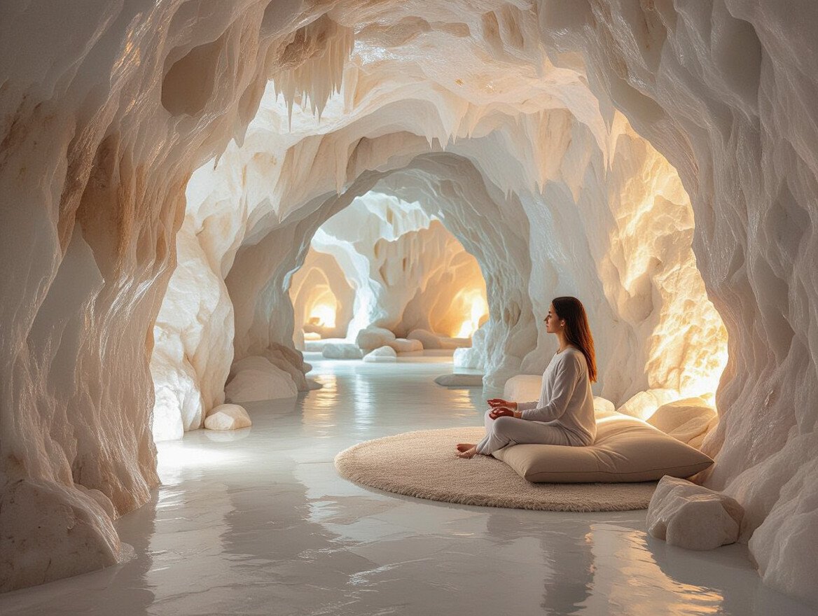 Eine Frau meditiert in einer hell erleuchteten Salzgrotte.