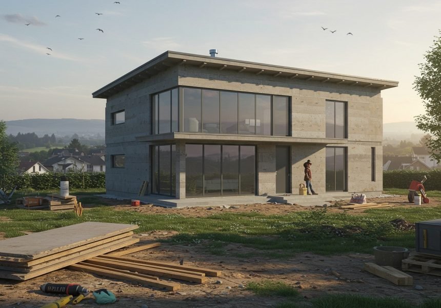 Ein modernes Sandwichpaneelhaus im Bau mit großen Fenstern und einem klaren Design.