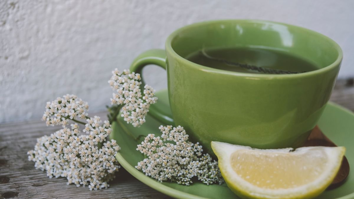 Eine grüne Tasse mit Schafgarbentee, umgeben von frischen Blüten und einer Zitronenscheibe.
