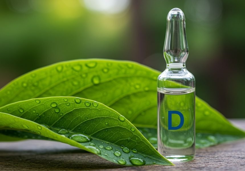 Eine Glasampulle mit Vitamin D steht auf grünen Blättern mit Wassertropfen.