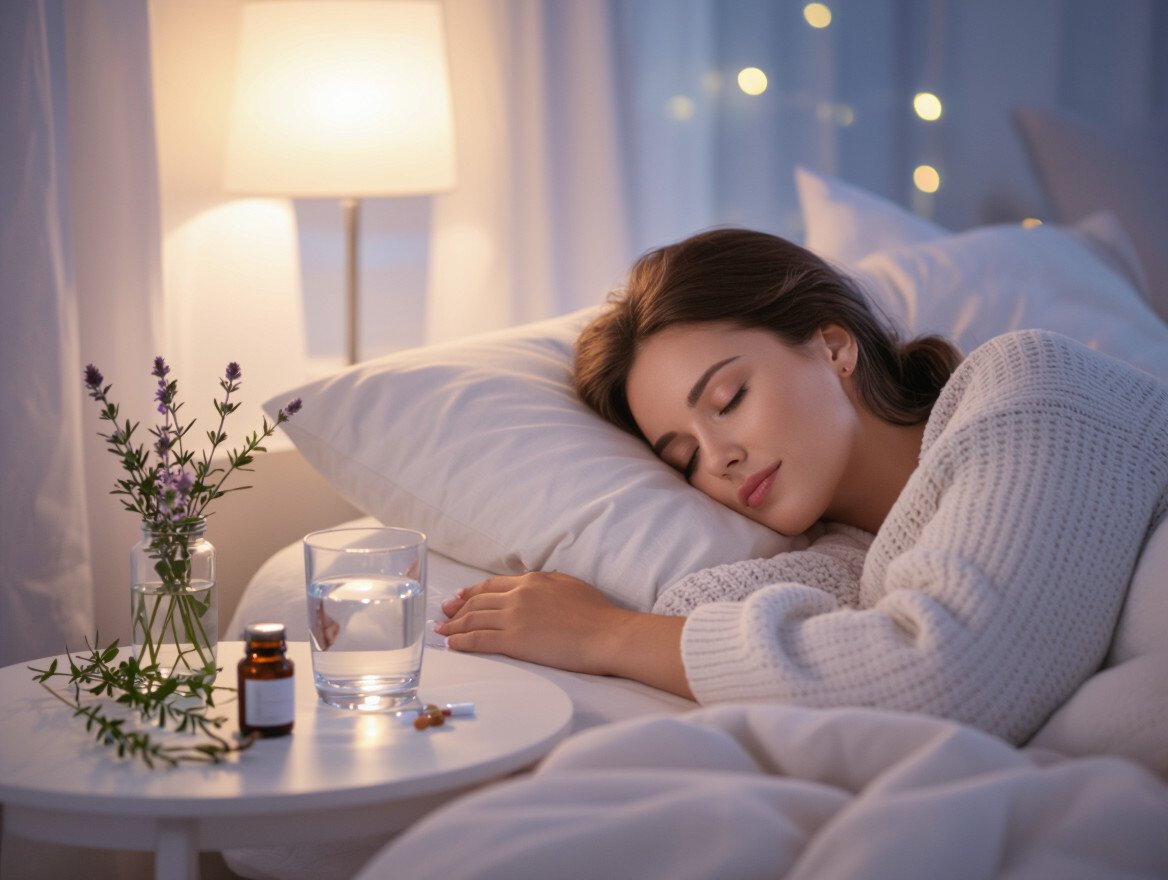 Eine schlafende Frau in einem gemütlichen Schlafzimmer mit Pflanzen und Wasser.