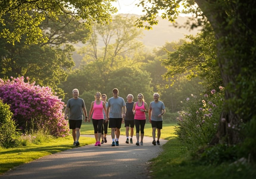 Eine Gruppe von sechs Menschen geht entspannt auf einem Weg durch einen Park.