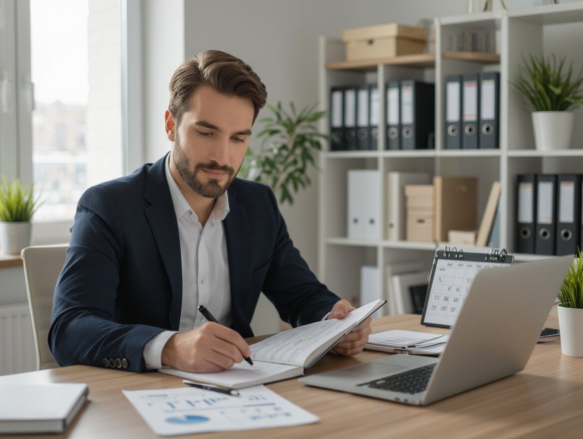 Ein junger Mann in einem Anzug arbeitet an einem Karriereplan in einem modernen Büro.