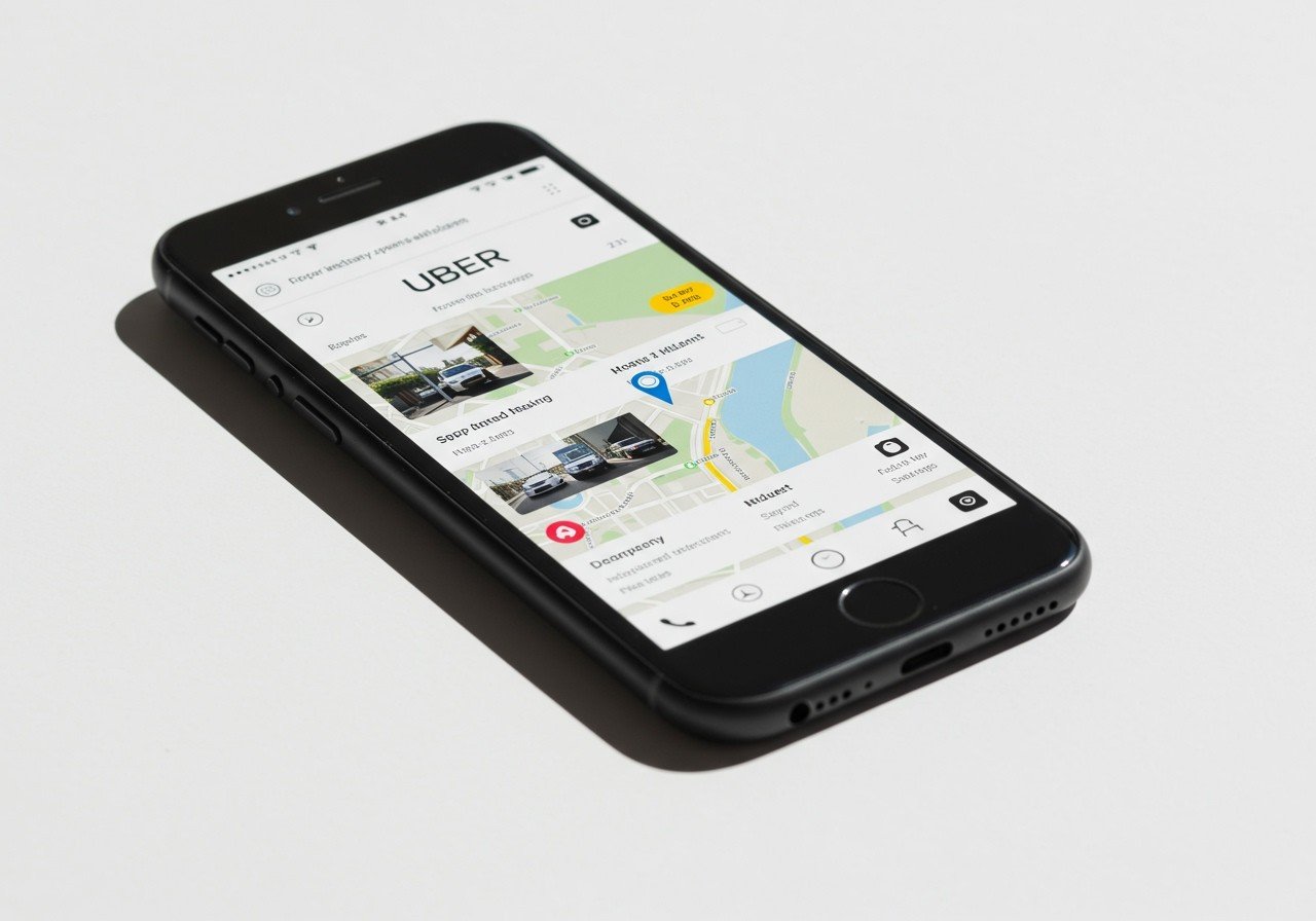 Ein Smartphone zeigt die Uber-App mit einer Karte und Fahrzeugoptionen.