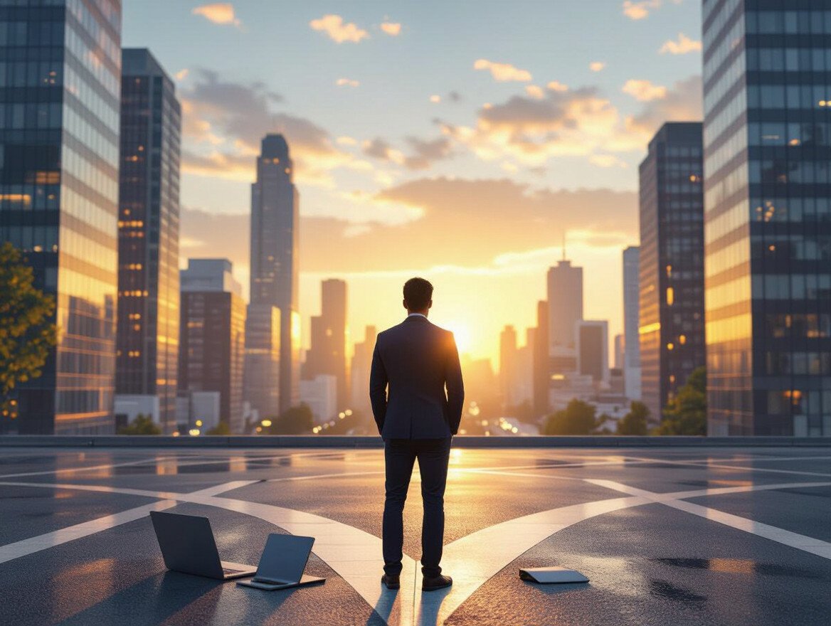Ein Mann in Anzug steht vor einer Stadtlandschaft bei Sonnenaufgang.