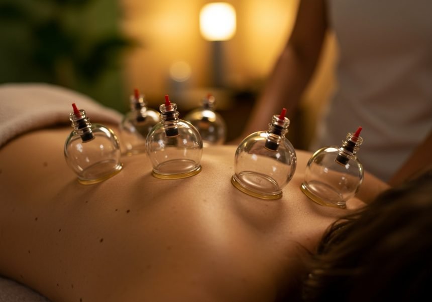 Eine Person erhält eine Schröpftherapie mit Glaskugeln auf dem Rücken.