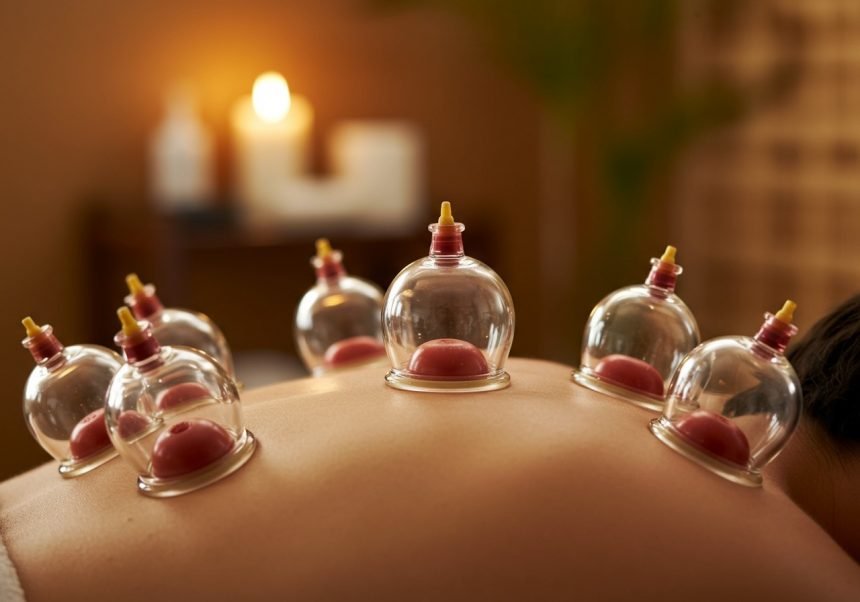 Eine Rückenansicht mit Schröpfgläsern, die auf der Haut platziert sind.