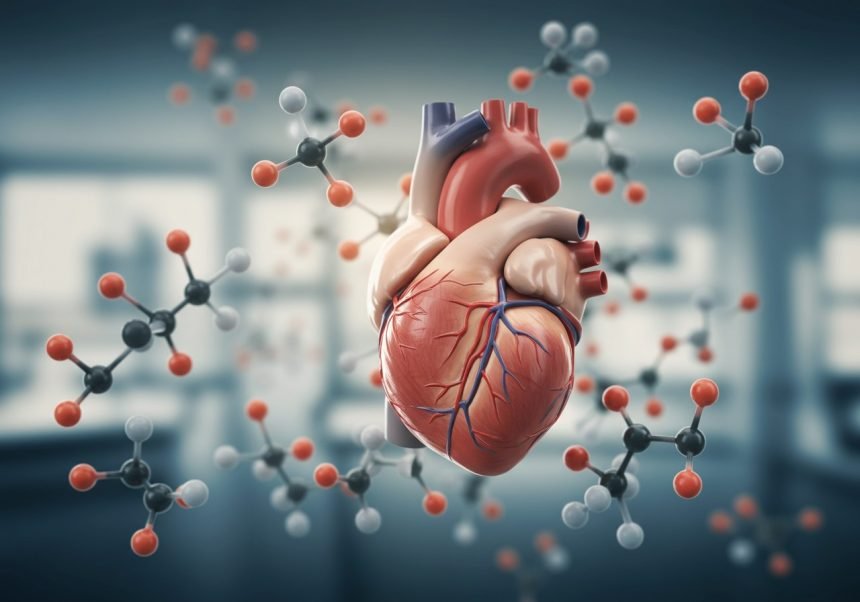 Ein anatomisches Modell eines Herzens umgeben von Molekülen, die Coenzym Q10 symbolisieren.