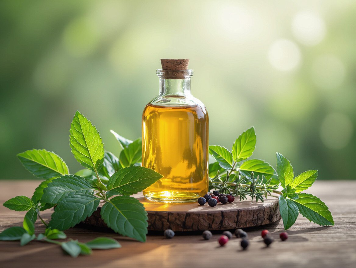 Eine Flasche mit goldenem Öl steht auf einem Holzbrett, umgeben von frischen Kräutern.
