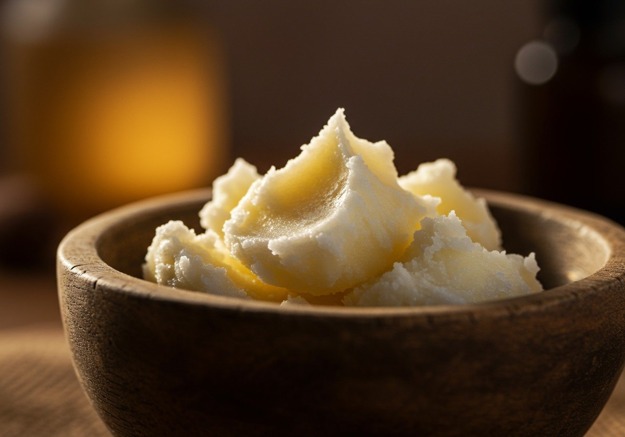 Eine Schüssel mit cremiger Sheabutter, die für die Hautpflege verwendet wird.