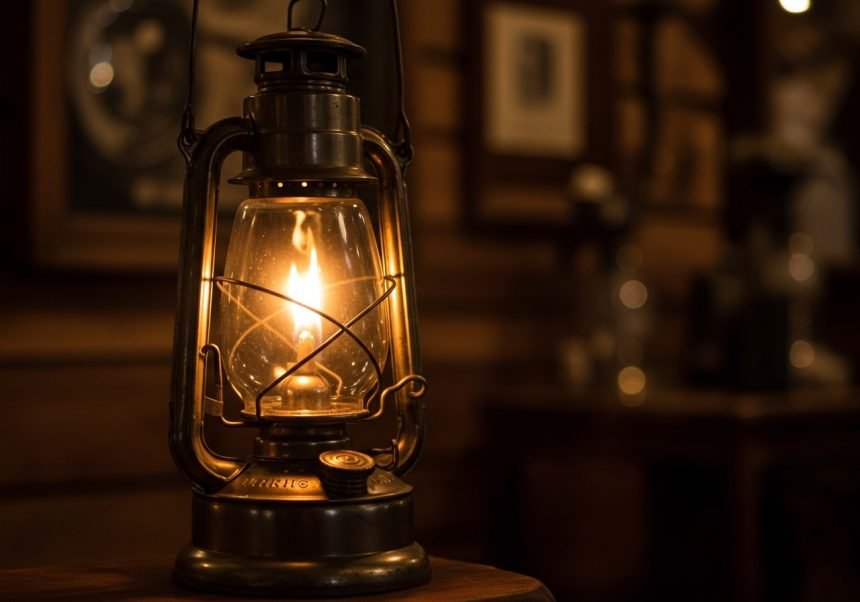 Eine nostalgische Benzinlampe mit warmem Licht in einem rustikalen Raum.