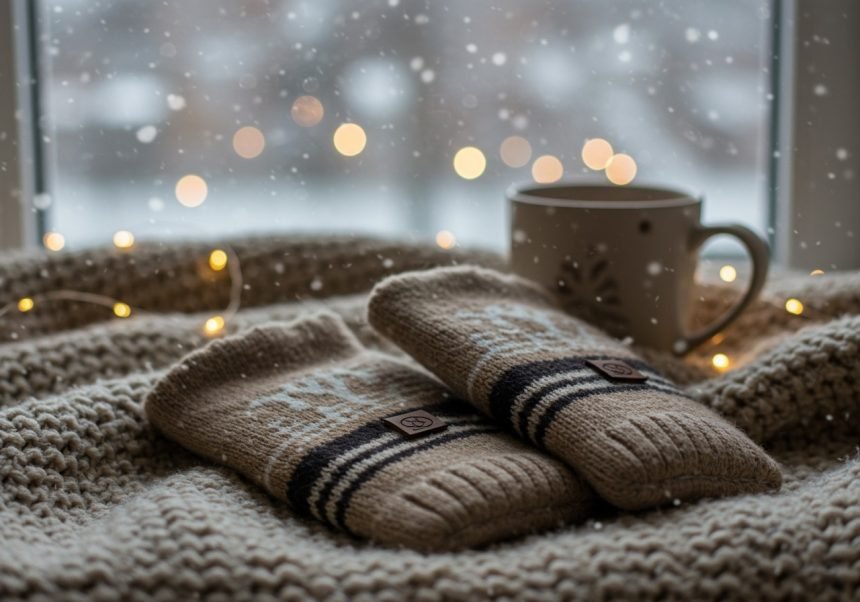 Zwei warme Handschuhe liegen auf einer gestrickten Decke neben einer Tasse.