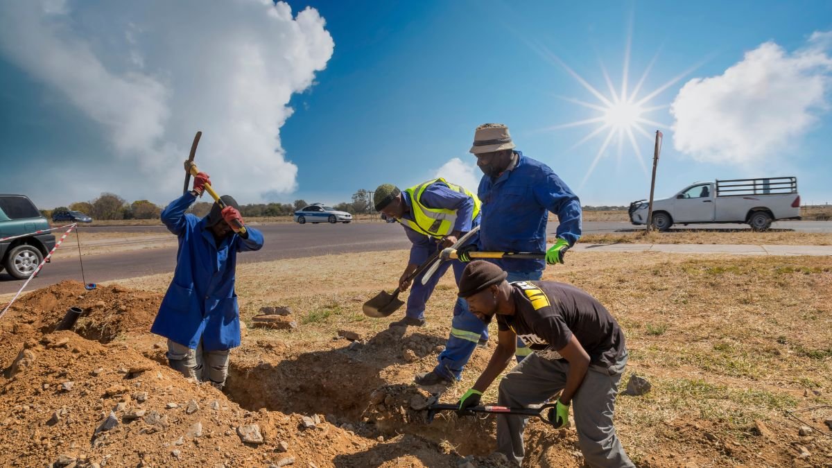 Vier Arbeiter graben in einem sonnigen Außenbereich mit Werkzeugen.