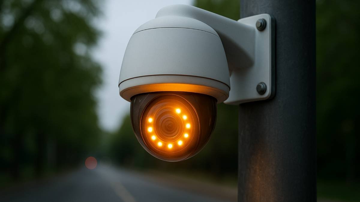 Eine Stiftkamera, die wie eine Überwachungskamera aussieht, hängt an einem Pfosten.