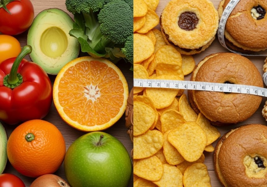 Eine gesunde Auswahl an Obst und Gemüse neben ungesunden Snacks und Süßigkeiten.