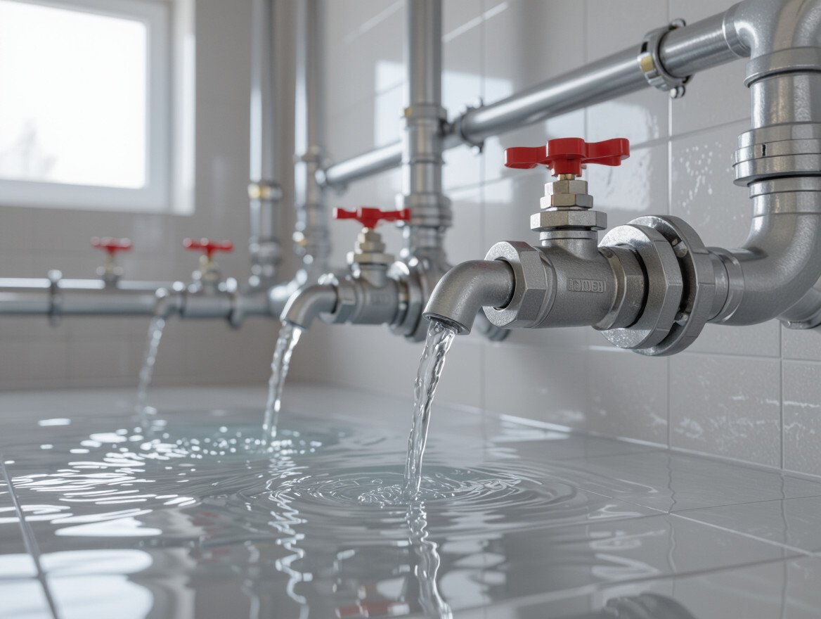 Nahaufnahme von Wasserarmaturen mit fließendem Wasser in einem modernen Raum.