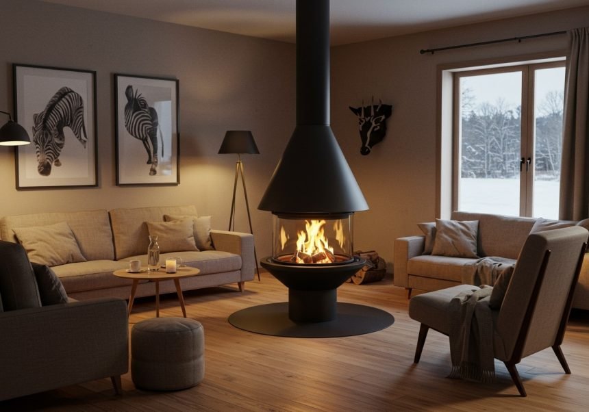 Gemütliches Wohnzimmer mit modernem Kamin und stilvollen Möbeln.