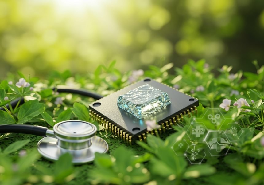 Ein Mikrochip mit einem gläsernen Siliziumstück auf grünem Hintergrund.