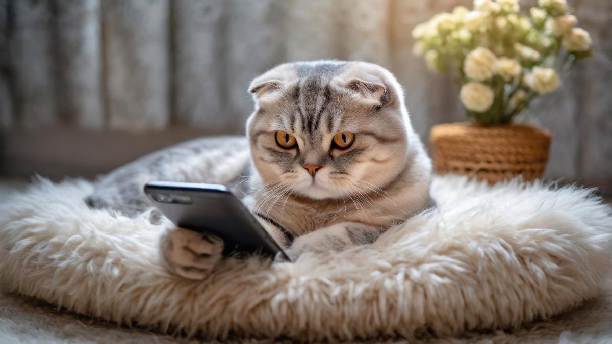 Eine Katze liegt auf einem weichen Kissen und schaut auf ein Smartphone.