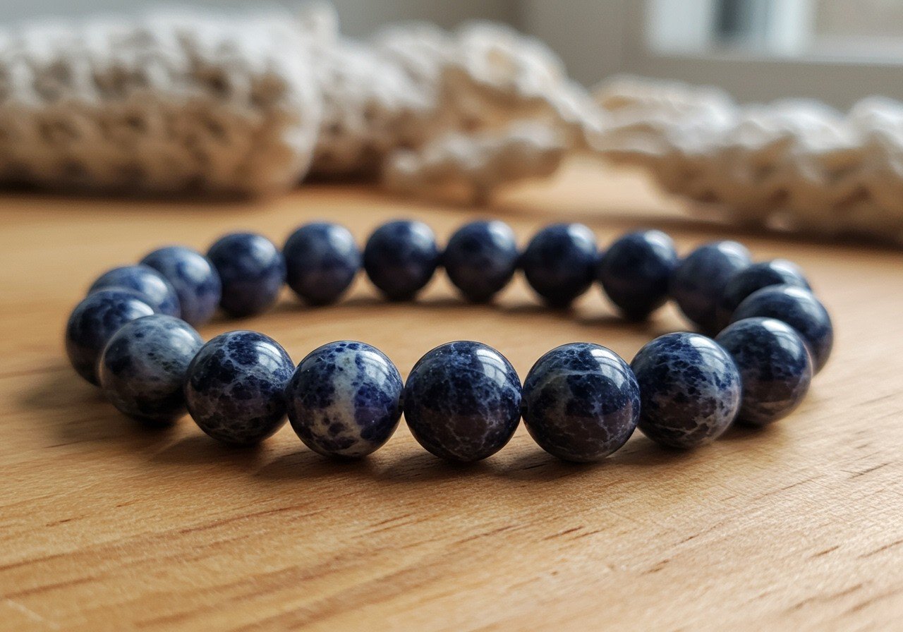 Ein Sodalith-Armband aus blauen, glänzenden Perlen auf einem Holzuntergrund.