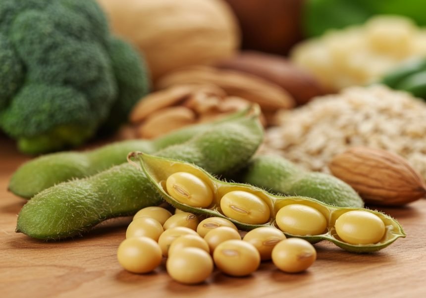 Frische Sojabohnen und andere gesunde Lebensmittel auf einem Tisch.