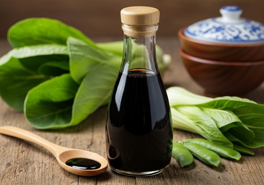 Eine Flasche Sojasoße steht neben frischem Gemüse auf einem Holztisch.