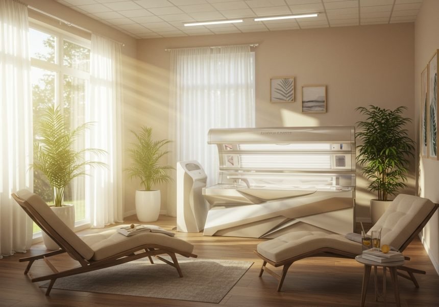 Ein modernes Solarium in einem hellen Raum mit Pflanzen und Liegen.