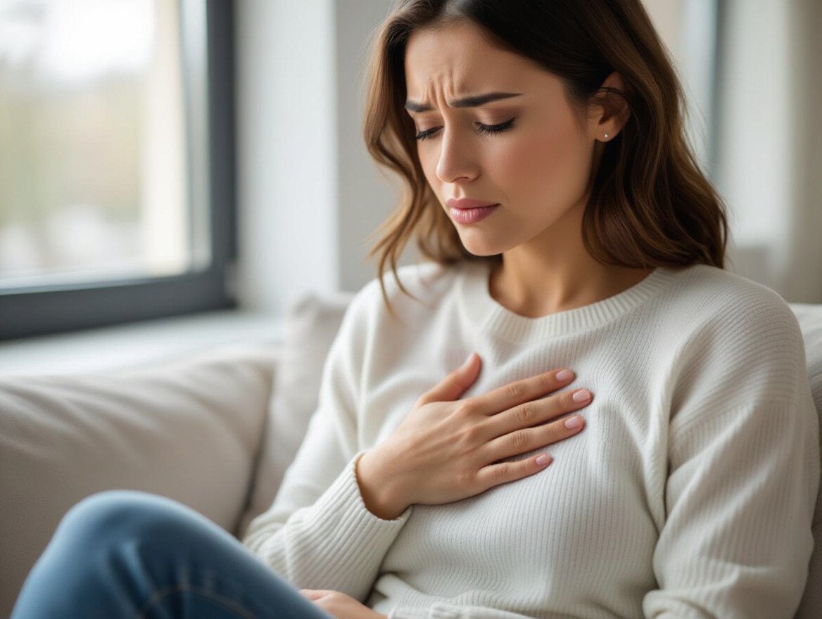 Eine Frau mit besorgtem Gesichtsausdruck, die sich die Brust hält.