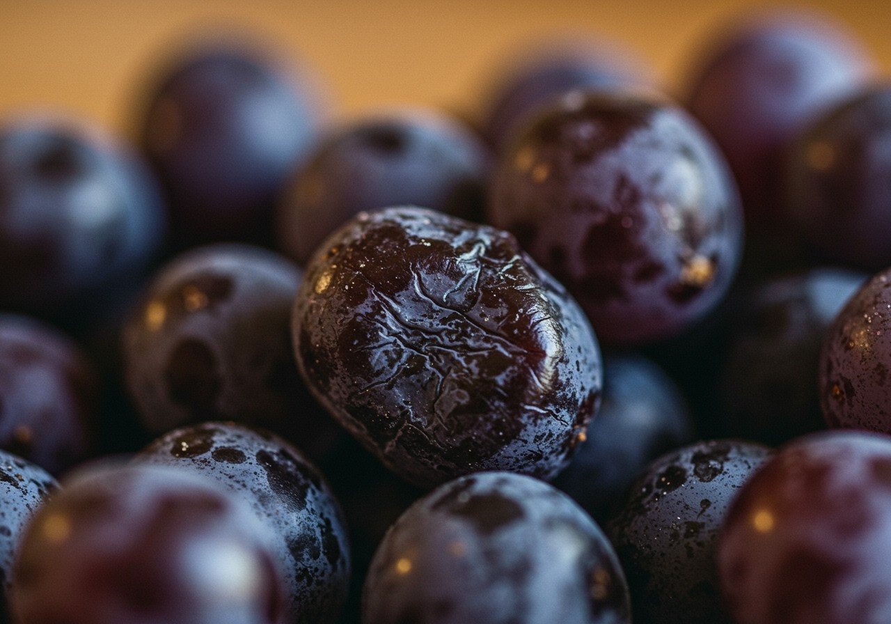 Eine Nahaufnahme von saftigen, dunklen Trauben, die reich an Nährstoffen sind.