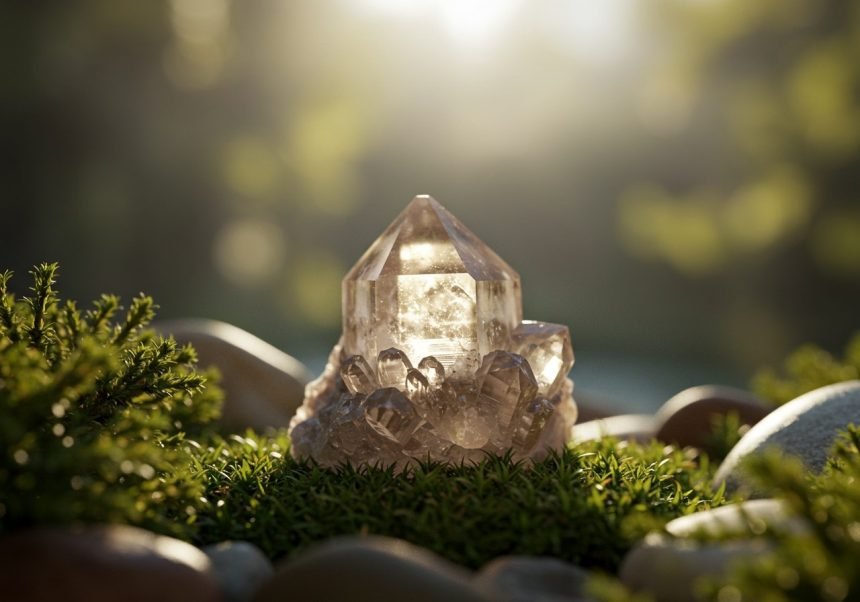 Ein glitzernder Spinell-Kristall auf grünem Moos und Steinen.