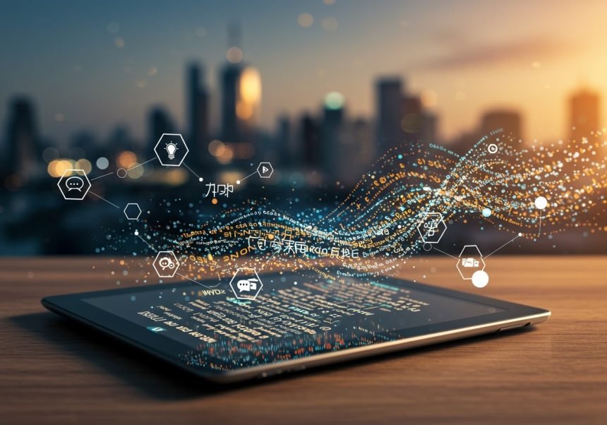 Ein Tablet mit digitalen Symbolen und Datenströmen vor einer Stadtlandschaft.