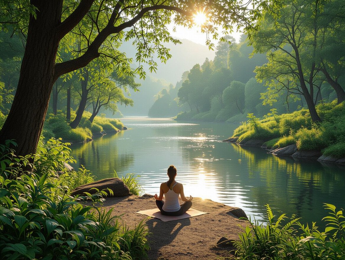Eine Person meditiert am Ufer eines ruhigen Flusses, umgeben von grüner Natur.