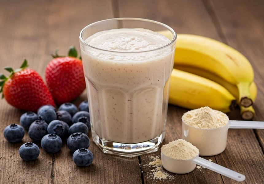 Ein Glas cremiger Smoothie mit Bananen, Erdbeeren und Heidelbeeren.