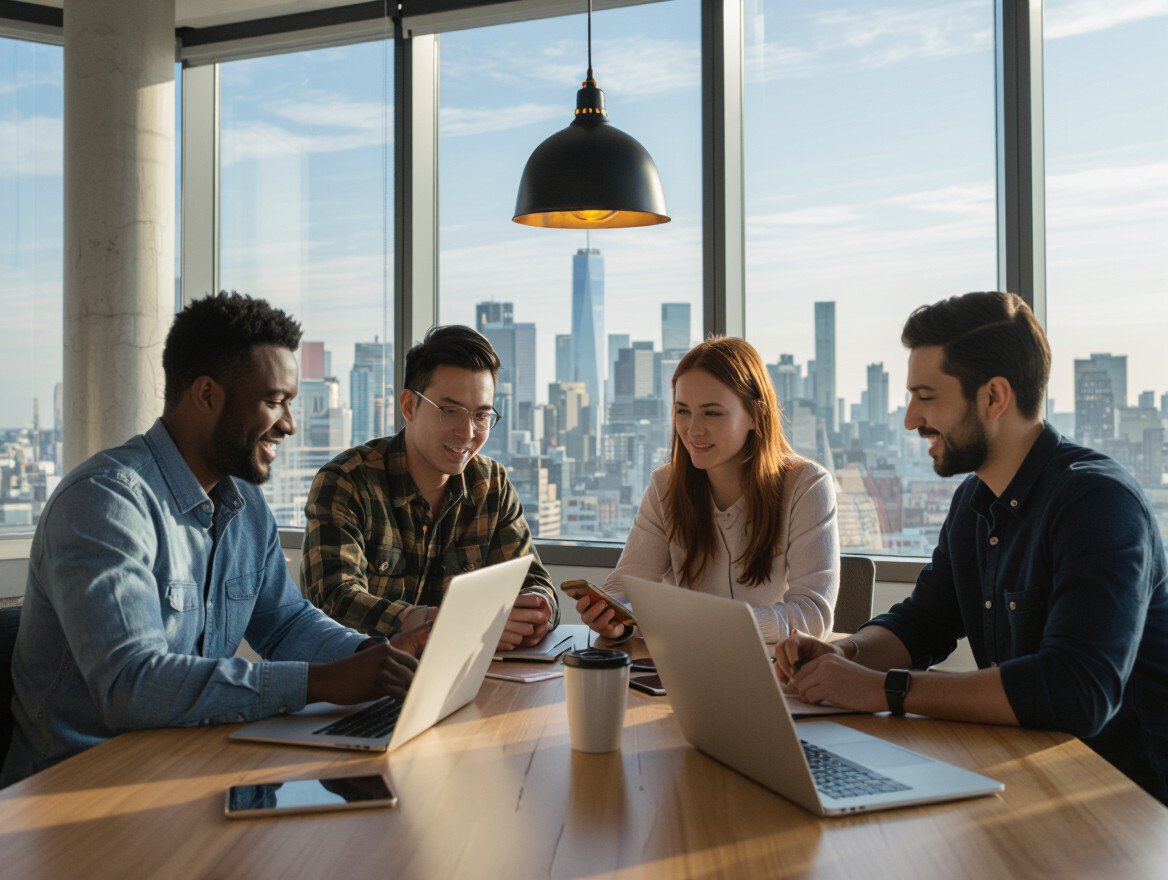 Vier junge Gründer arbeiten gemeinsam an Laptops in einem modernen Büro mit Stadtblick.